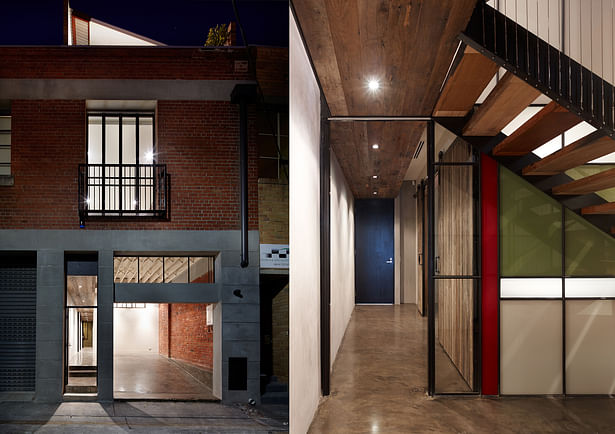 The only change to the original facade was to lower the sill of the window and create a juliet balcony. The raised roof sails above. Timber bulkheads allow services reticulation and translucent stair atrium walls allows natural light in to the wet areas at the ground floor. Photo: Peter Bennetts 