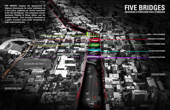 'Five Bridges' by chadbourne + doss architects - winner of AIA Portland's 'STITCH' ideas competition. Image courtesy of chadbourne + doss architects.