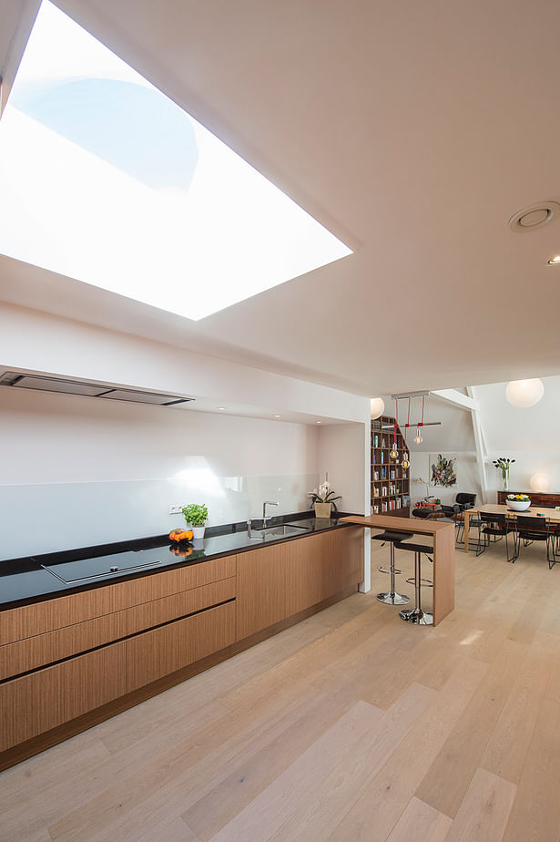 kitchen with rooflight looking towards dining area