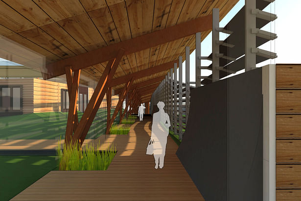The main corridor system connecting all of the individual buildings. Strong emphasis on the connection to the natural environment and natural materials. 