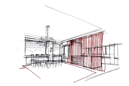 Leyden Lewis, Dining Room with Kitchen beyond Draperies, Prospect Park Residence, Brooklyn, 2010. Ballpoint and felt-tip pen on paper. 11 x 17 in.. Image courtesy New York School of Interior Design (NYSID)