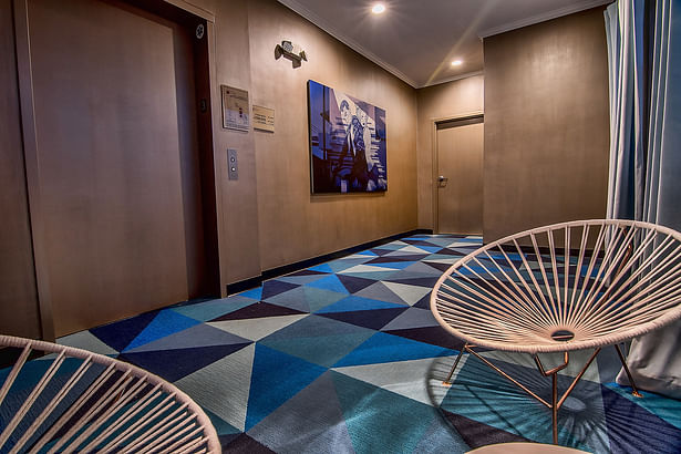 Third Floor Lobby, Multi-Family Residential Redesign, Bold, Colorful, Geometric Interior Design, bespoke artwork