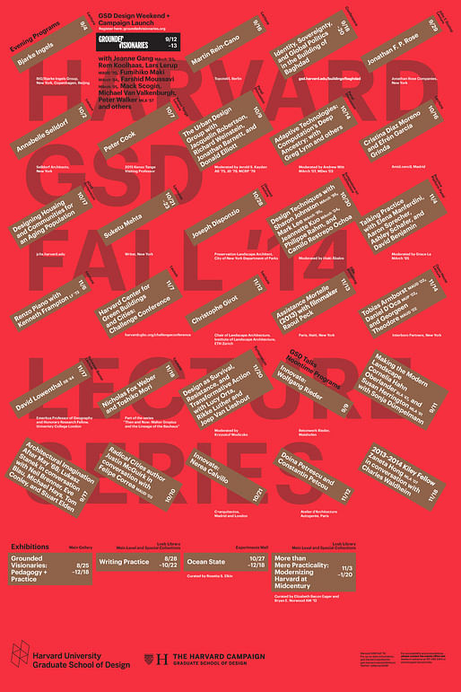 Harvard Graduate School of Design Fall 2014 lecture events. Poster designed by Bruce Mau Design. Image via gsd.harvard.edu.