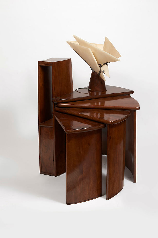 Telephone table (MB152) and Religieuse table lamp, c. 1924, designed by Pierre Chareau (French, 1883-1950). Table: walnut and patinated wrought iron; 31 3⁄4 × 401⁄8 (extended) × 15 in. (80.5 × 102 × 38 cm). Lamp: walnut, patinated wrought iron, and alabaster; 161⁄8 in. (41 cm) high. Collection Dominique Suisse