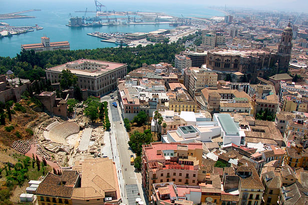 Aerial: Roman amphitheater, Moorish fortress (left); Museo Picasso Málaga (right foreground)
