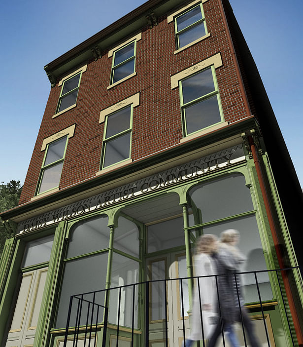 Newly rennovated facade of the August Wilson House. Rendered image (left) made by June Kim, fellow UDBS student