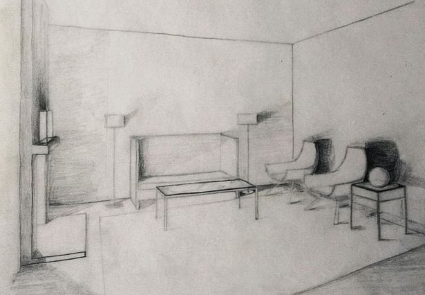 Freehand, Interior by Firelight, Pencil on Paper