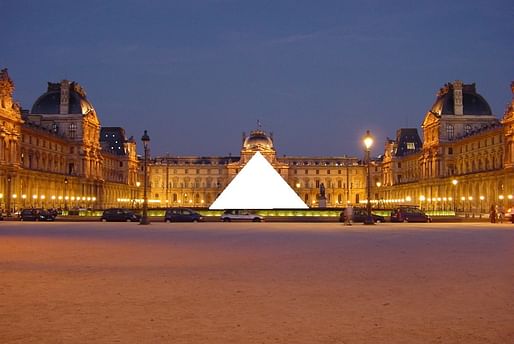 The Louvre Pyramid, censored due to French FoP laws. Photo whited out by 84user from FOLP image 2269; public domain.