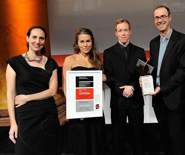 Winners of the Holcim Awards Gold 2011 North America for 'Regional food-gathering nodes and logistics network, Iqaluit, NU, Canada' (l-r): Lola Sheppard, Nikole Bouchard, Fionn Byrne and Mason White, Lateral Office / InfraNet Lab, Toronto, Canada and Princeton, NJ, USA.