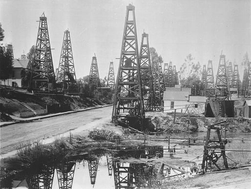 The first oil district in Los Angeles, Toluca Street, ca. 1895-1901. via WikiCommons