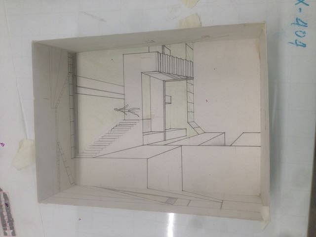 Anamorphosis box. Perspective within a box using anamorphosis to give 3 dimensions to drawings inside a 'peep-box'