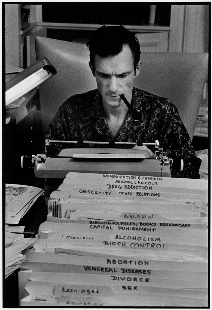 Hugh Hefner at work. Image courtesy Elmhurst Art Museum.