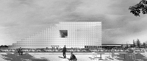 Along the Tempelhofer Damm, the building offers a view over Berlin's silhouette as it opens with a full-size city window in the central information area of the library. (Image: FAR frohn&rojas)