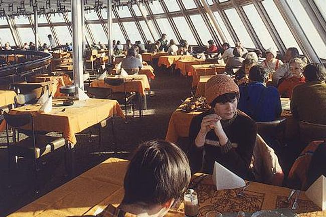 A view of the restaurant inside Ještěd, which was built on the site of a burned-down hotel according to the simple shape of the surroundings.