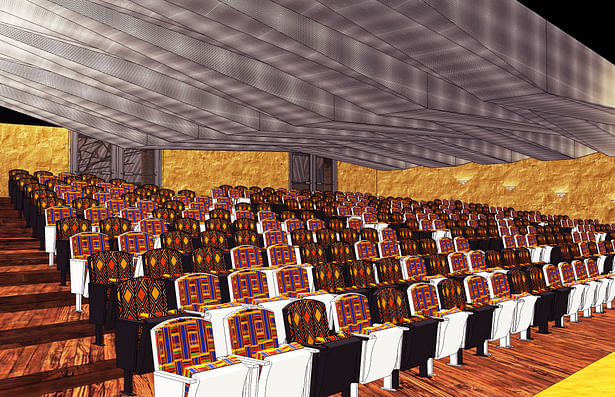 The auditorium, with its bright African textiles that nicely contrast the dynamic metal ceiling made of perforated metal