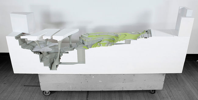 Sectional model of downtown LA ‘urban swale’ showing subterranean reservoir and terraced water filtration landscape as situated below an excavated road intersection, Urban Swales (Geofutures, 2015)