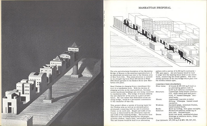 A spread from issue #7, (Steven Holl, 1981) 'Bridge of Houses'. Image via stevenholl.com.
