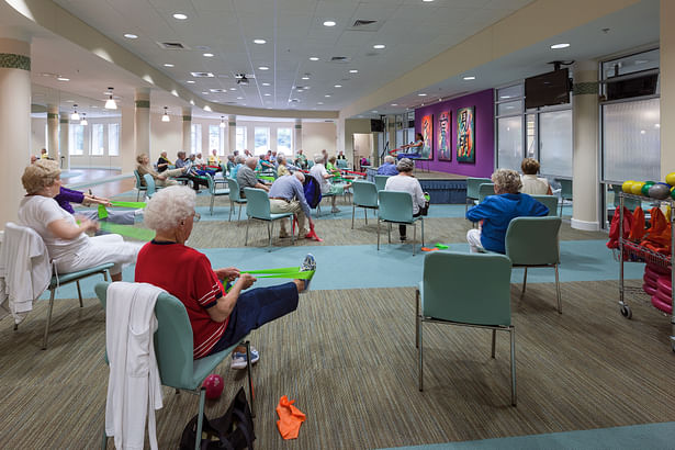 The Exercise Room has a platform for guided fitness instruction, low-impact flooring, and sound and projection systems.