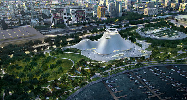 The proposed museum design for Chicago by MAD Architects. Image courtesy Lucas Museum of Narrative Art.