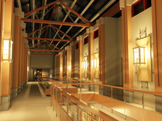 An interior rendering in 3DS Max during the nighttime of the upper level of the gallery.
