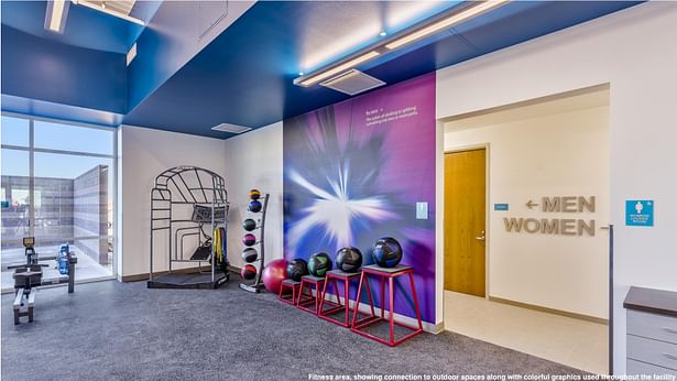 Fitness area, showing connection to outdoor spaces along with colorful graphics used throughout the facility.