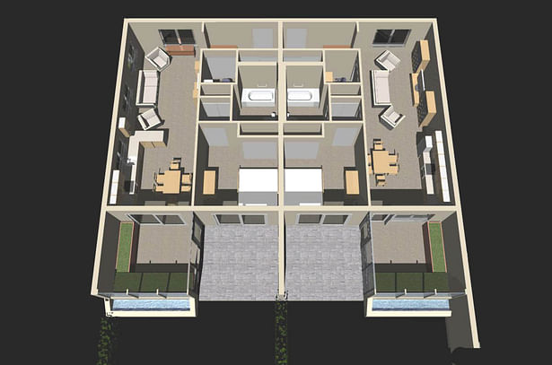 Typical unit designs link kitchens to outdoor growing and recreation spaces in an urban environment.