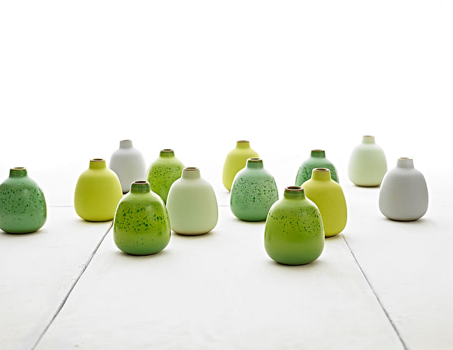 CORPORATE & INSTITUTIONAL ACHIEVEMENT - Heath Ceramics: Summer seasonal bud vases in succulent lime, pomelo, mint, and storm (2007). Photo: Jeffery Cross 