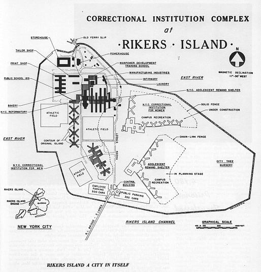 Rikers Island plan. Image: The City of New York Department of Correction, 1966 Annual Report, via urbanomnibus.net.