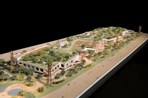 Model of the recently completed and newly occupied office building/park landscape/adult playground by Gehry for Facebook.