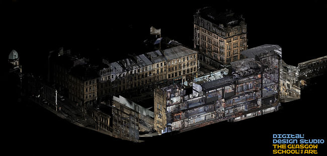 A 3d visualisation of the Mackintosh Building looking south from Renfrew Street towards Sauchiehall Street. Image: The Digital Design Studio at The Glasgow School of Art.