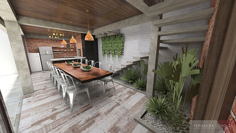 Family reunion space, with a barbecue grill and a wood oven. A kind of rustic and modern look to make it feel cozy and warm
