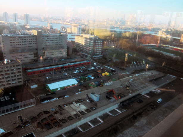 Erasmus Univsersity Campus plaza and mega garage, with the city of Rotterdam in the backdrop