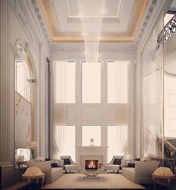 This lovely lounge is designed for a private villa in Qatar. It is layout symmetrically with the neoclassical fireplace as the focal point, an epitome of calmness and serenity. The large window furnish with translucent drape allows substantial natural light to fill the space adding freshness and tranquility to the interior. An over-sized arch window opposite a stunning glass chamfered divider and a remarkable high ceiling makes the room looks bigger and welcoming. There is sense of luxury and...
