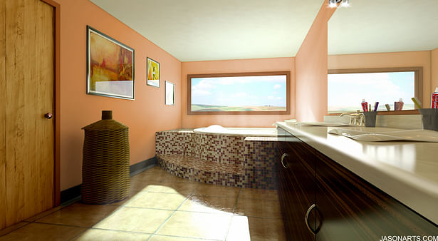 Built in 3DS Max 2011 in Deember 2011. Mental Ray rendered bathroom scene done in 3DS Max. Brought into Photoshop for compositing.