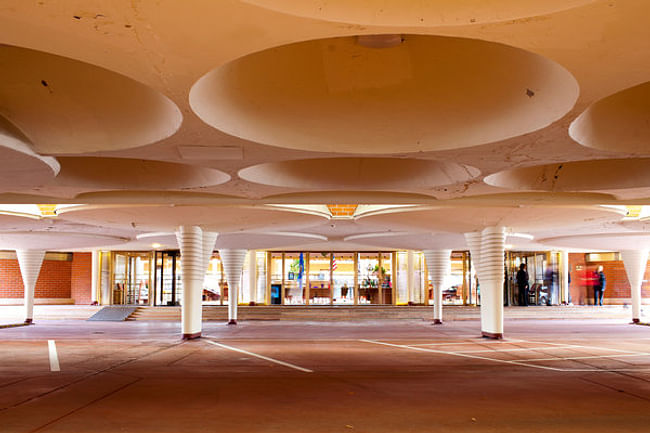 outdoor parking lot of the the Johnson Wax building in industrial Racine by Narayan Mahon for The New York Times