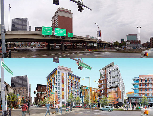 The rendering of the grade-level boulevard as an alternate option from the 'Park Over the Highway'. Photo courtesy of nextSTL.