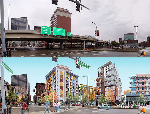 The rendering of the grade-level boulevard as an alternate option from the 'Park Over the Highway'. Photo courtesy of nextSTL.