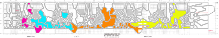 Wynwood Overall Building Facade - Unrolled View: mural phasing scenarios (different colors = possible changing arrays). Courtesy of Faulders Studio.