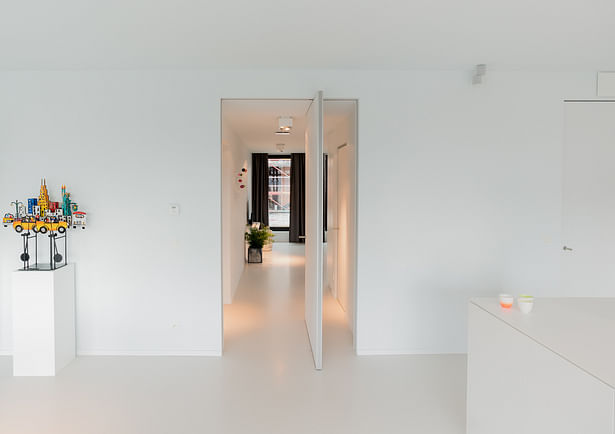 Minimalist pivot door without built-in parts to either floor or ceiling