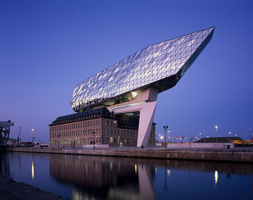 Zaha Hadid's addition merges with a derelict fire station building in the port of Antwerp, Europe's second largest port. © Hélène Binet