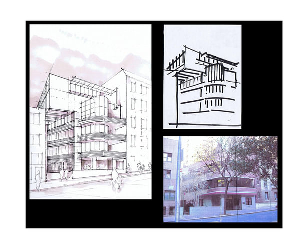 First Sketch, Perspective and photo of existing building