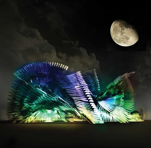 Rendering of pavilion inspired by iridescence of the violet-tailed sylph. Image credit: Joanna-Maria Helinurm, Alina Amiri