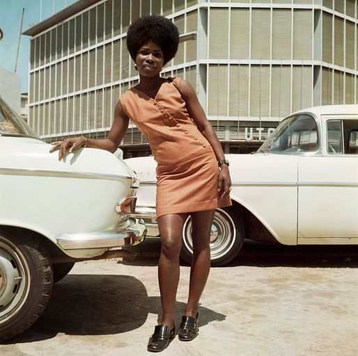 Sick Hagemeyer shop assistant posing as a seventy’s icon in front of the United Trading Company headquarters, Accra, 1971 © James Barnor. Courtesy of galerie Clémentine de la Féronnière