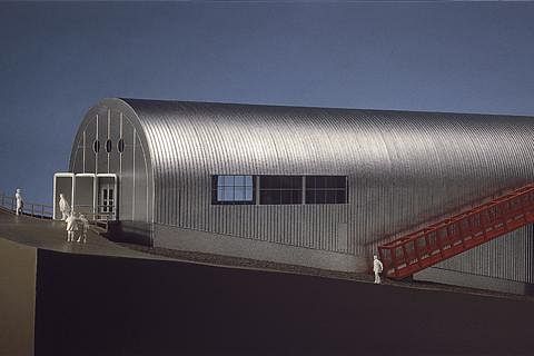 A 1986 model of 'Czech Hut,' a building designed by SIAL architect Jiří Suchomel and intended to sit atop Sněžka, the tallest mountain in the Czech Republic. The building was never constructed.