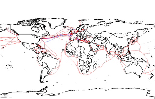 A map of the world's submarine cables as of 2007. Image via wikimedia.org