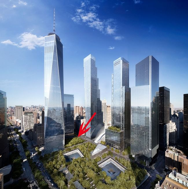 Image pointing to the site of the Performing Arts Center at the World Trade Center. Rendering by DBOX
