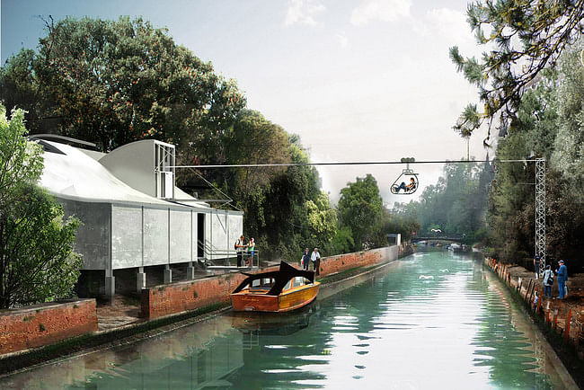 Richard Goodwin Pty Ltd - A water taxi journey around the Giardini, returning back to the Australian Pavilion via a zip line. Image © Richard Goodwin Pty Ltd