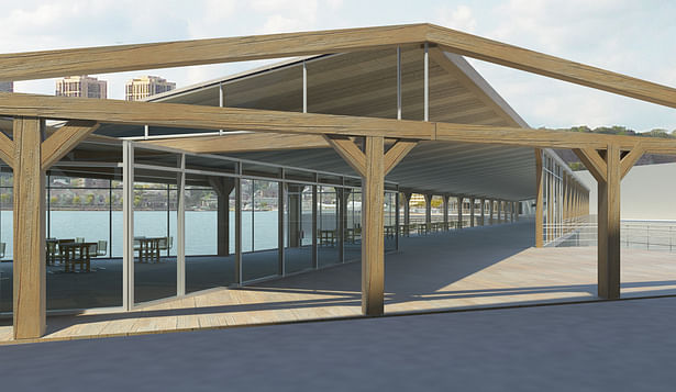 Harlem Piers Farm proposal, Cafe with ramp to farm and water taxi station.
