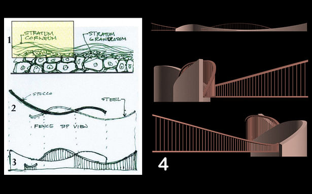 Since the first order of protection to a property is the fence that borders the building. The association become the exterior epidermis layer called Stratum Corneum (1) appears to be overlapping sinusoidal waves where the inspiration is drawn and borrowed that transforms into (2). Applying projection line at the intersections, the Elevation (3) mimics the top view so it's an echo from another point of view. Finally a 3D Rendering (4).