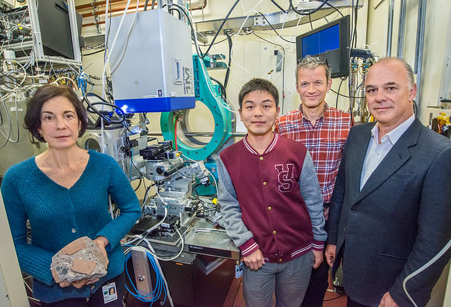 (From left) Marie Jackson, Qinfei Li, Martin Kunz and Paulo Monteiro at ALS Beamline 12.3.2 where they conducted a study on ancient Roman concrete. (Photo by Roy Kaltschmidt)